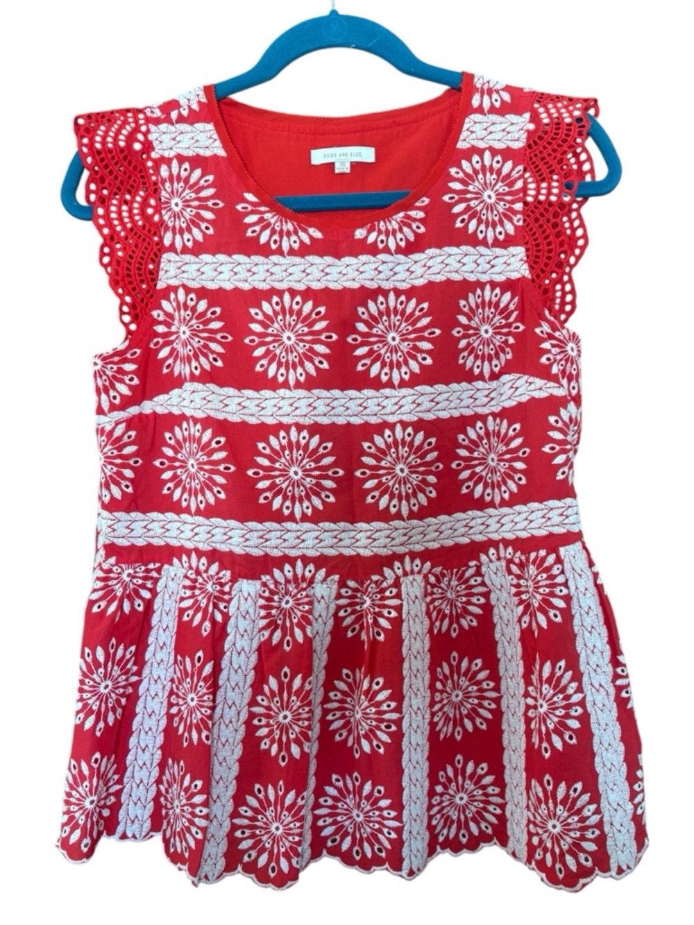 XS Skies are Blue Red Crochet Embroidered Eyelet Shirt